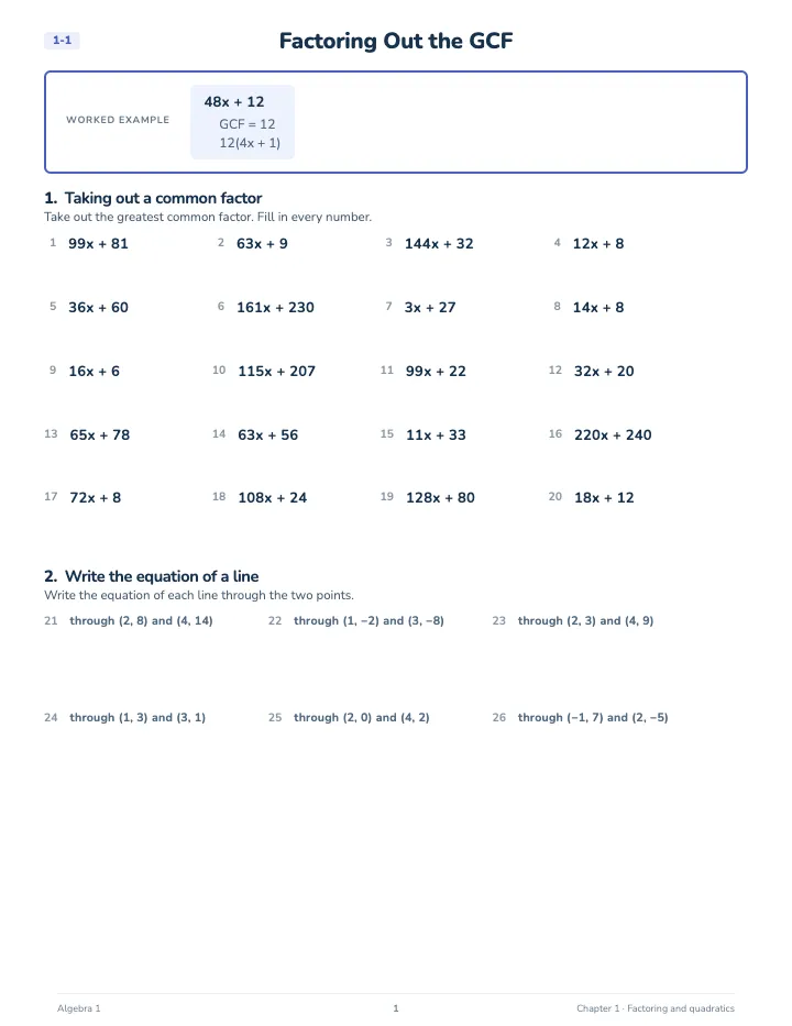 Algebra 1 Factoring and Quadratics Workbook — A lesson page: the worked example, then the exercise