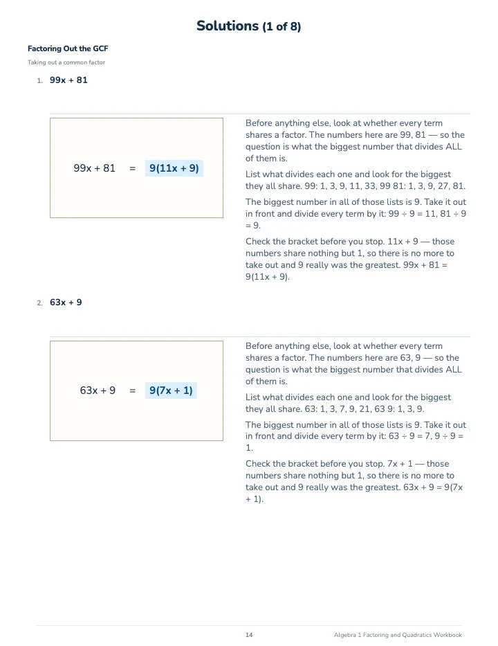 Algebra 1 Factoring and Quadratics Workbook — The back of the book: a worked solution for each kind of question