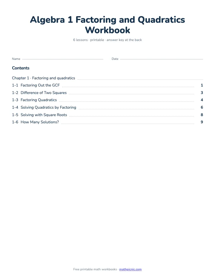 Algebra 1 Factoring and Quadratics Workbook — printable workbook cover