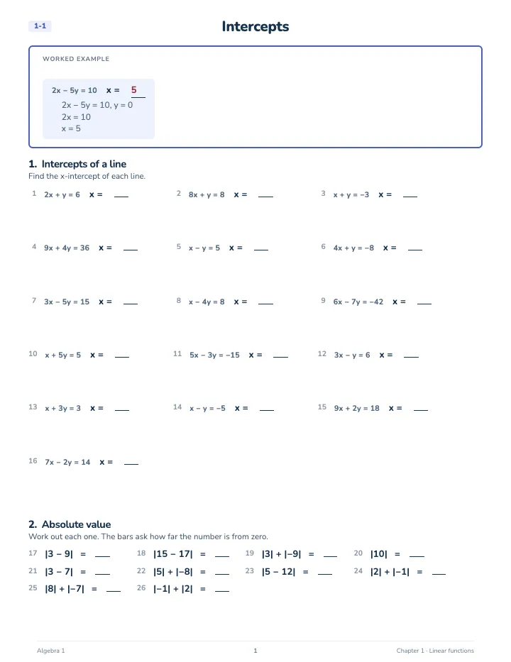 Algebra 1 Linear Functions Workbook — A lesson page: the worked example, then the exercise