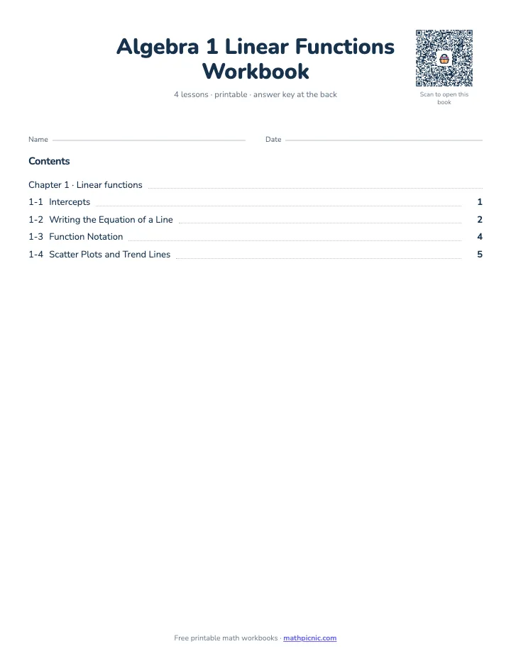 Algebra 1 Linear Functions Workbook — printable workbook cover