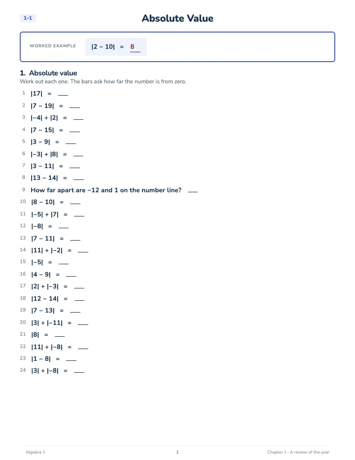 Algebra 1 Math Review Workbook — A lesson page: the worked example, then the exercise
