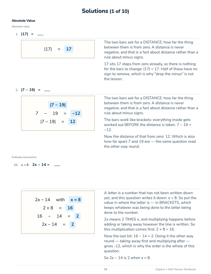 Algebra 1 Math Review Workbook — The back of the book: a worked solution for each kind of question