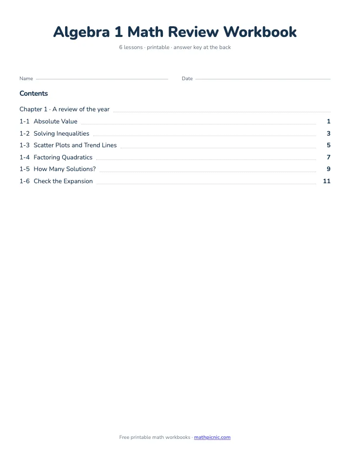 Algebra 1 Math Review Workbook — printable workbook cover