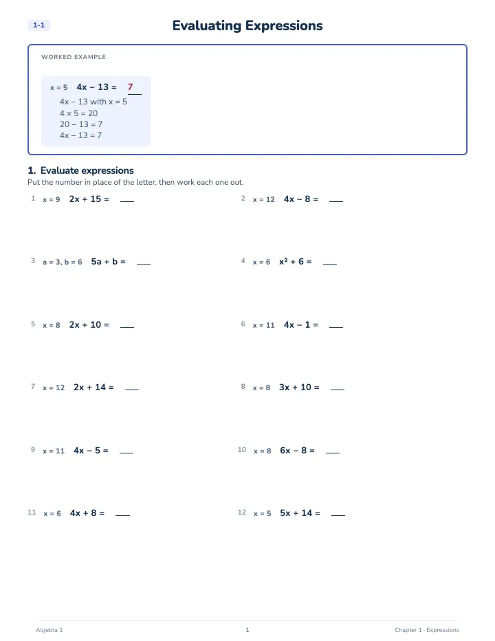 Algebra 1 Math Workbook: Advanced — A lesson page: the worked example, then the exercise