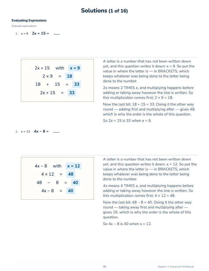 Algebra 1 Math Workbook: Advanced — The back of the book: a worked solution for each kind of question