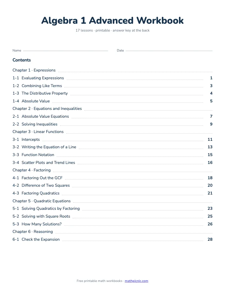 Algebra 1 Math Workbook: Advanced — printable workbook cover