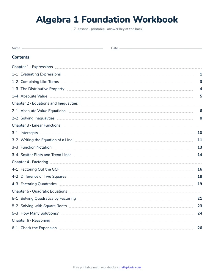 Algebra 1 Math Workbook: Foundation — printable workbook cover