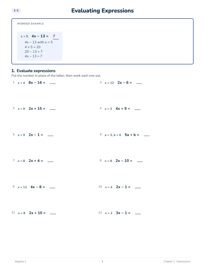Algebra 1 Math Workbook — A lesson page: the worked example, then the exercise