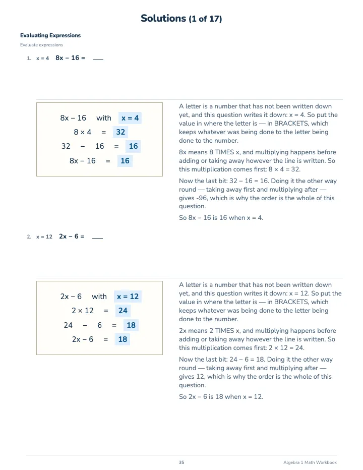 Algebra 1 Math Workbook — The back of the book: a worked solution for each kind of question