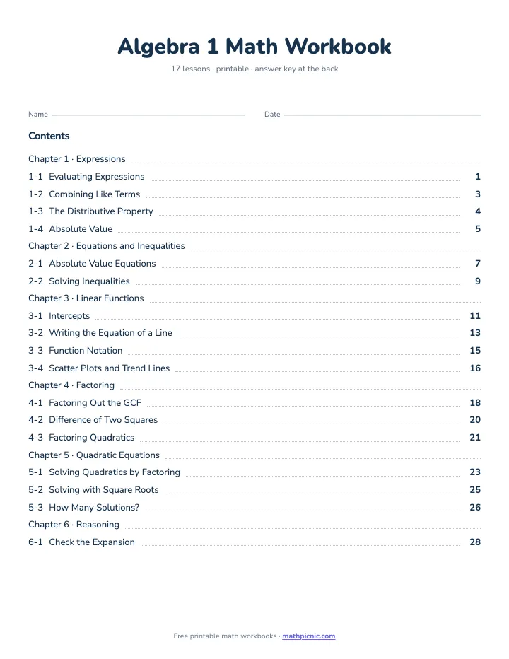 Algebra 1 Math Workbook — printable workbook cover