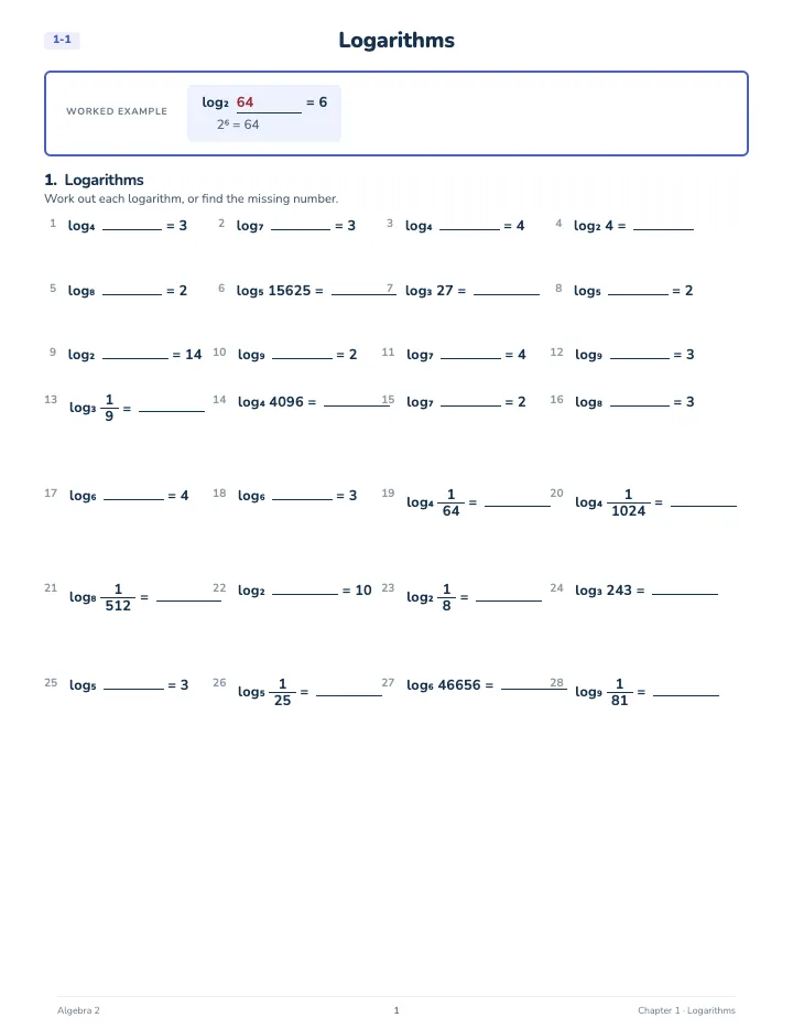 Algebra 2 Logarithms Workbook — A lesson page: the worked example, then the exercise