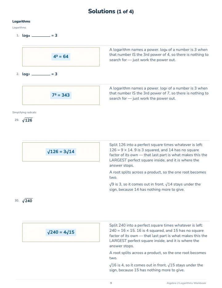 Algebra 2 Logarithms Workbook — The back of the book: a worked solution for each kind of question