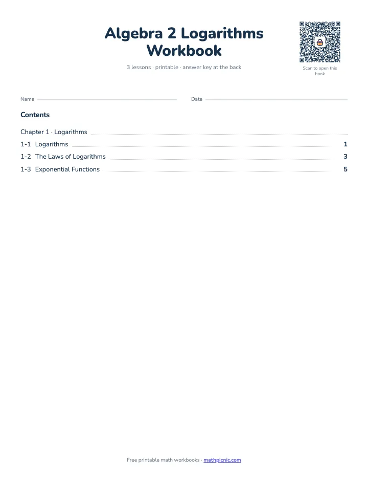 Algebra 2 Logarithms Workbook — printable workbook cover