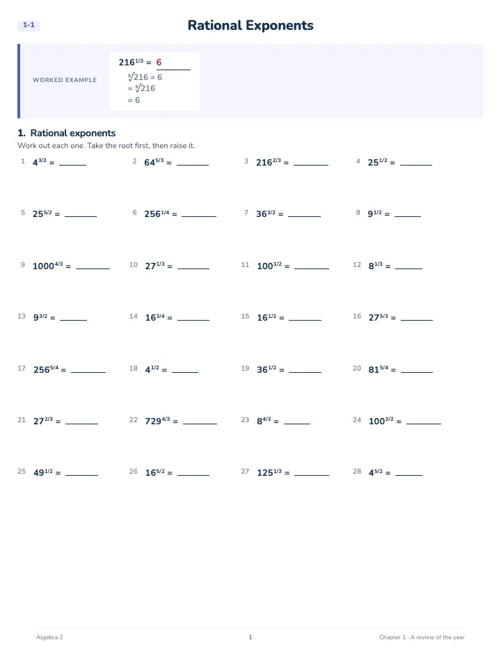 Algebra 2 Math Review Workbook — A lesson page: the worked example, then the exercise