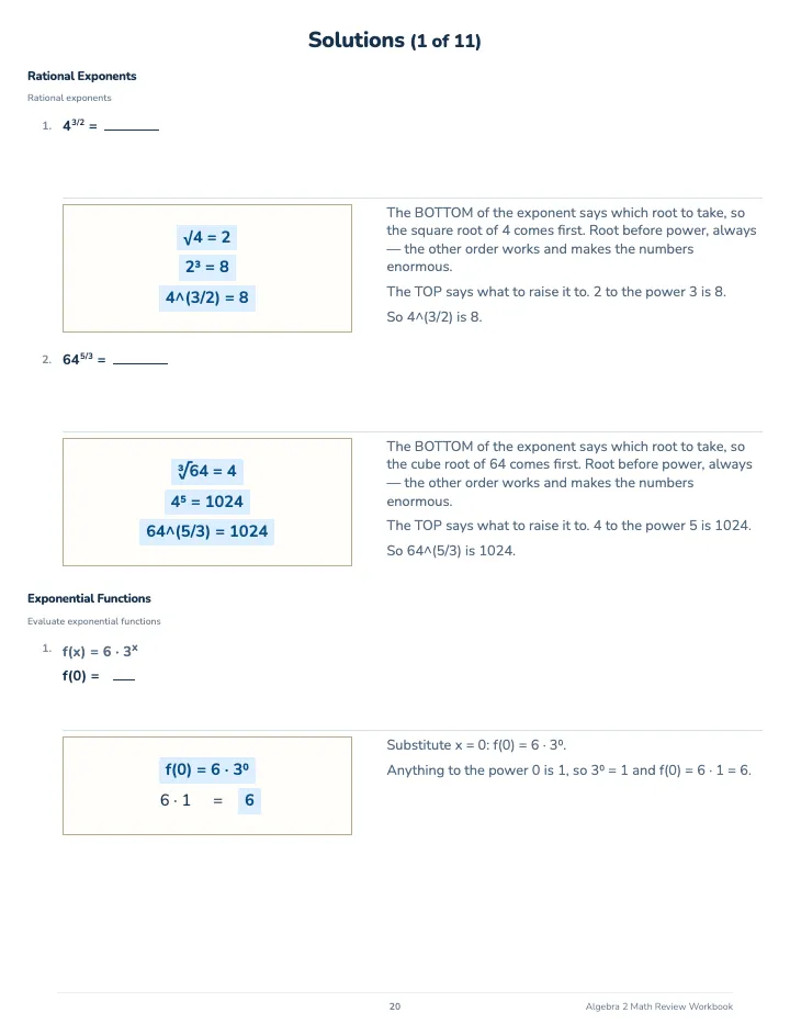 Algebra 2 Math Review Workbook — The back of the book: a worked solution for each kind of question