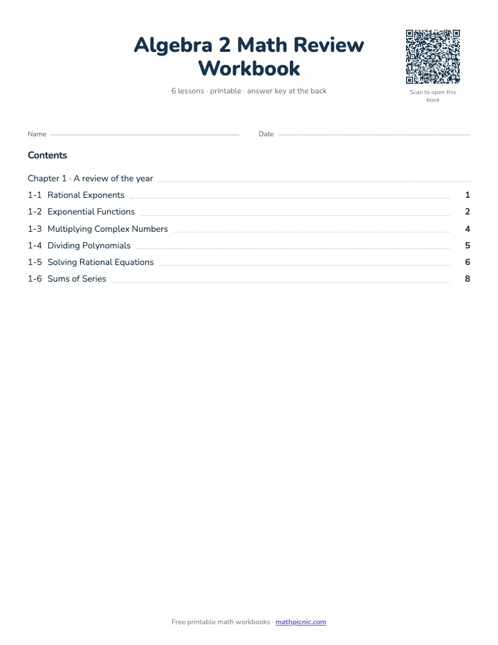 Algebra 2 Math Review Workbook — printable workbook cover