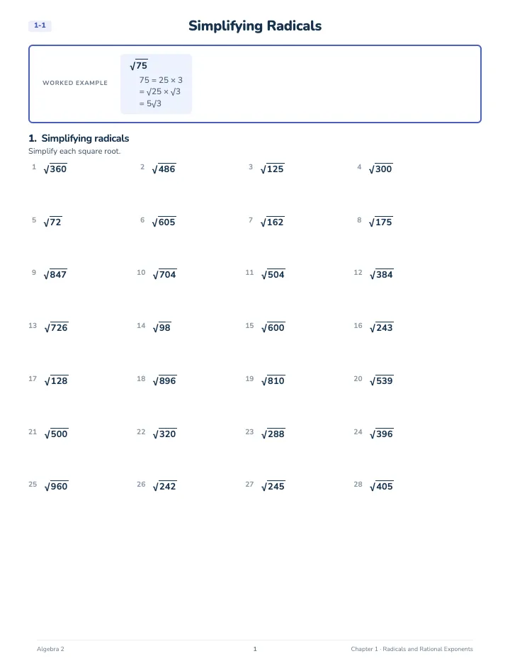 Algebra 2 Math Workbook: Advanced — A lesson page: the worked example, then the exercise