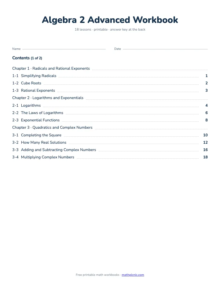 Algebra 2 Math Workbook: Advanced — printable workbook cover