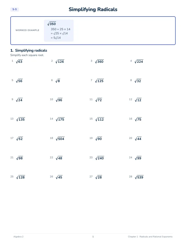 Algebra 2 Math Workbook: Foundation — A lesson page: the worked example, then the exercise