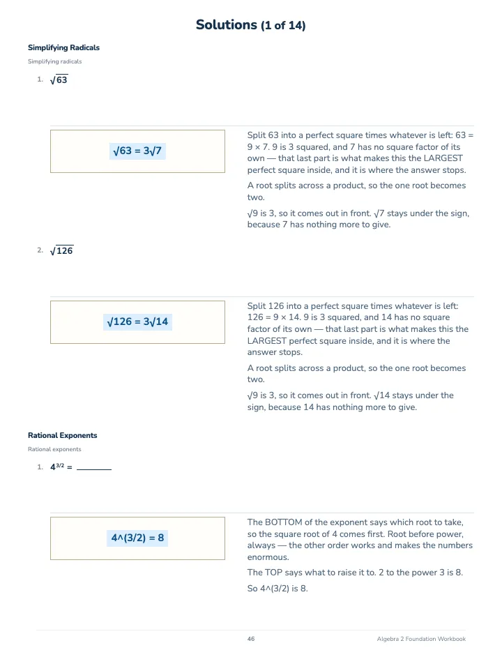 Algebra 2 Math Workbook: Foundation — The back of the book: a worked solution for each kind of question