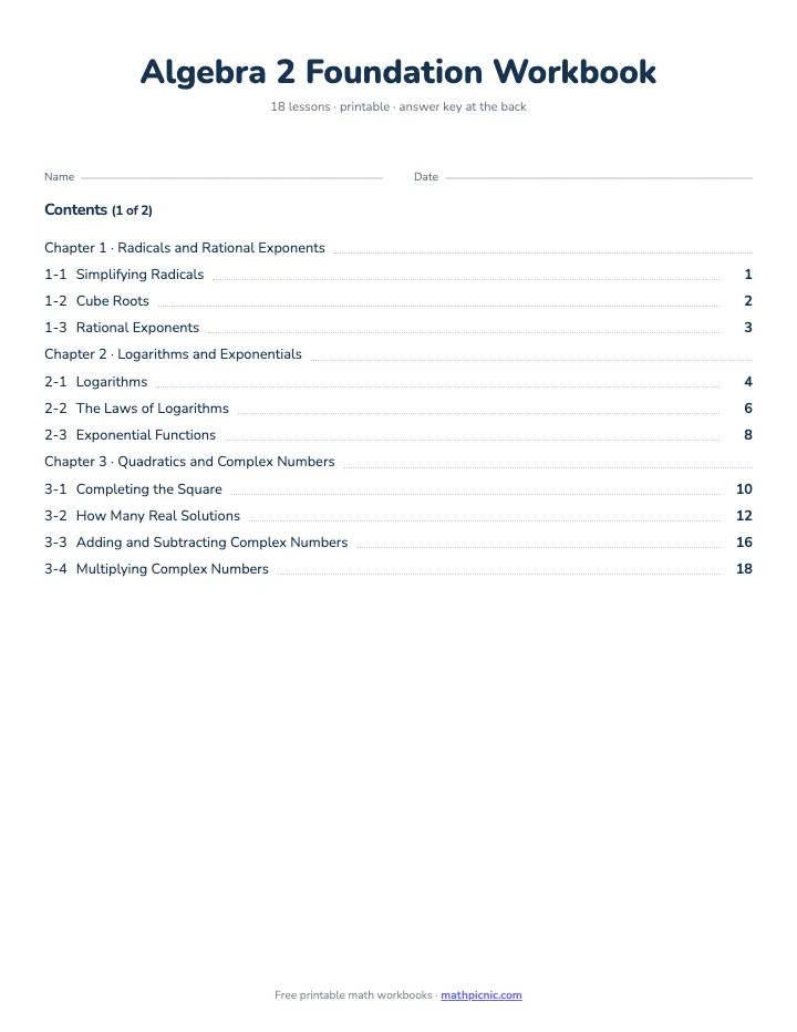 Algebra 2 Math Workbook: Foundation — printable workbook cover