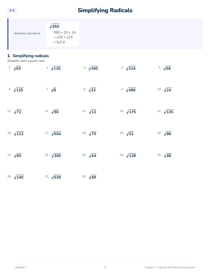 Algebra 2 Math Workbook — A lesson page: the worked example, then the exercise