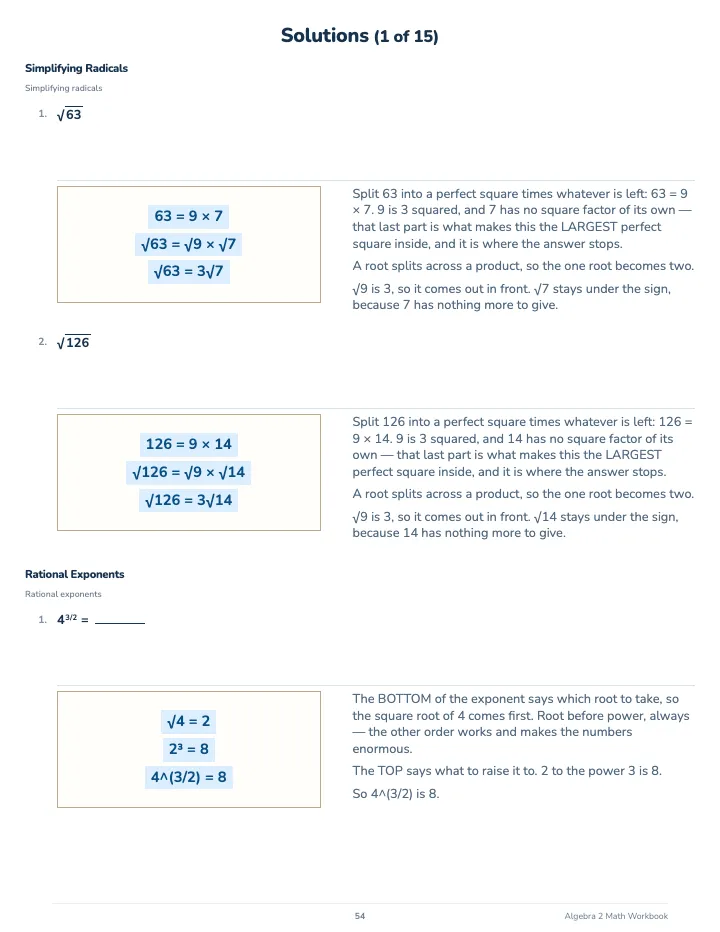 Algebra 2 Math Workbook — The back of the book: a worked solution for each kind of question
