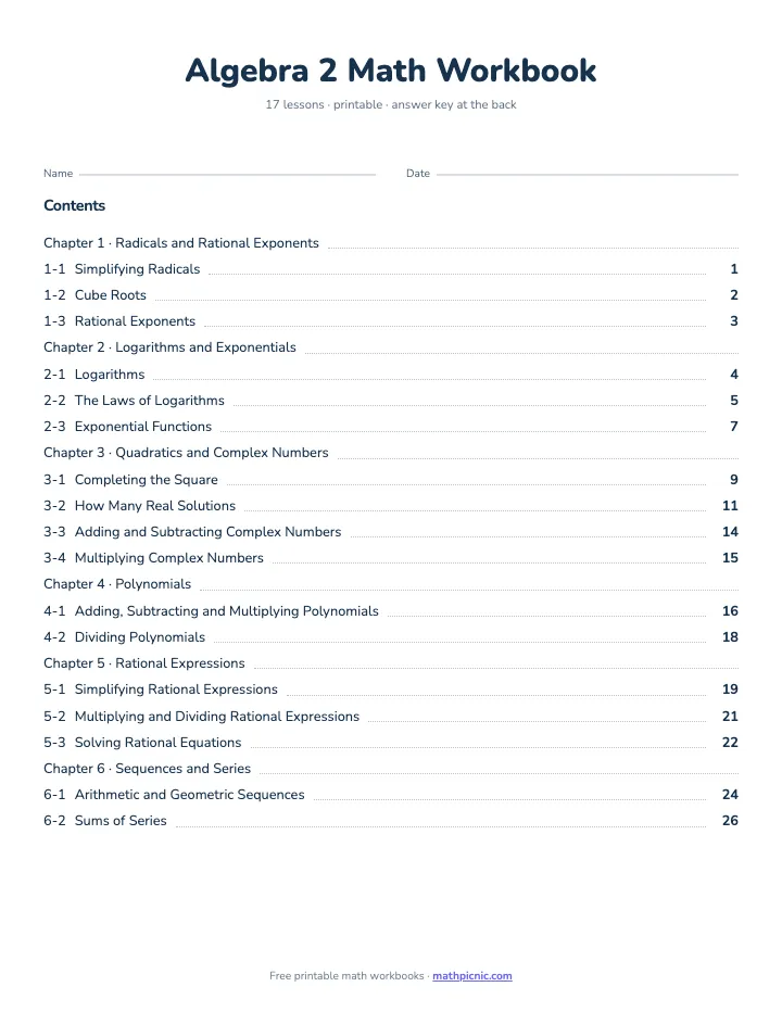Algebra 2 Math Workbook — printable workbook cover