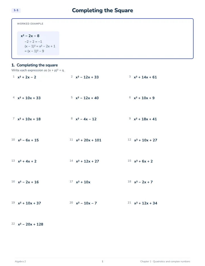 Algebra 2 Quadratics and Complex Numbers Workbook — A lesson page: the worked example, then the exercise