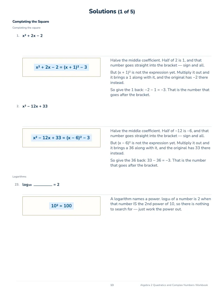 Algebra 2 Quadratics and Complex Numbers Workbook — The back of the book: a worked solution for each kind of question