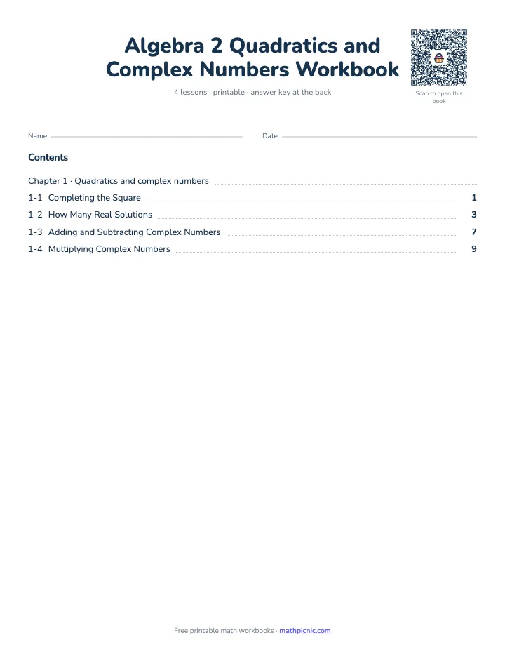 Algebra 2 Quadratics and Complex Numbers Workbook — printable workbook cover