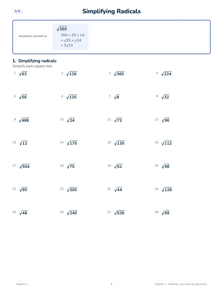 Algebra 2 Radicals and Rational Exponents Workbook — A lesson page: the worked example, then the exercise