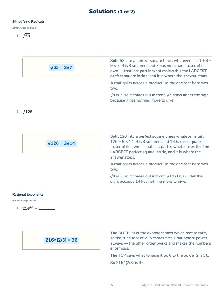 Algebra 2 Radicals and Rational Exponents Workbook — The back of the book: a worked solution for each kind of question