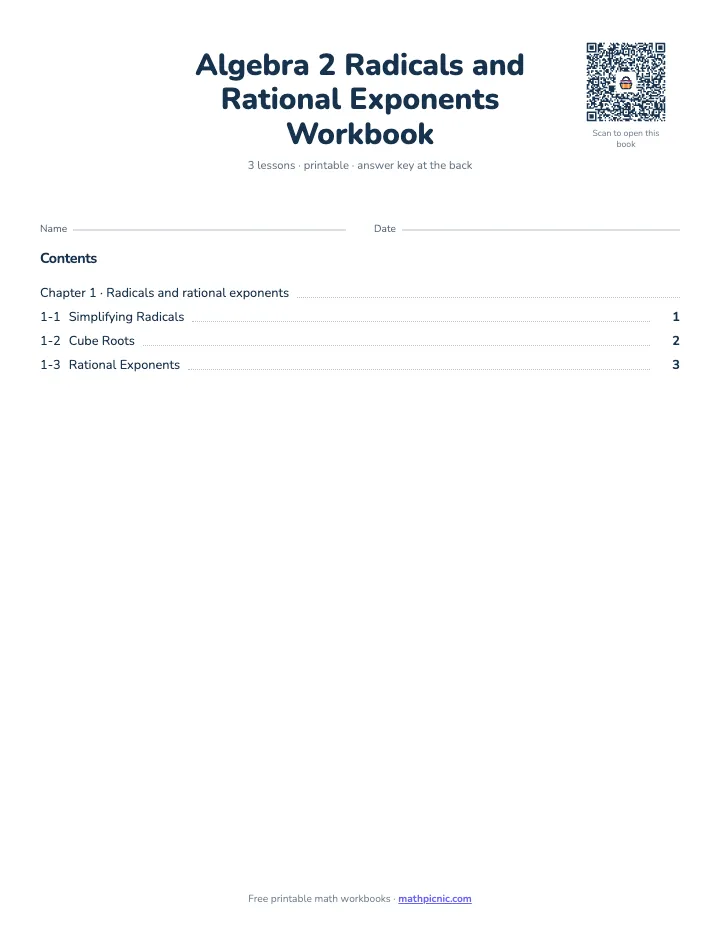 Algebra 2 Radicals and Rational Exponents Workbook — printable workbook cover