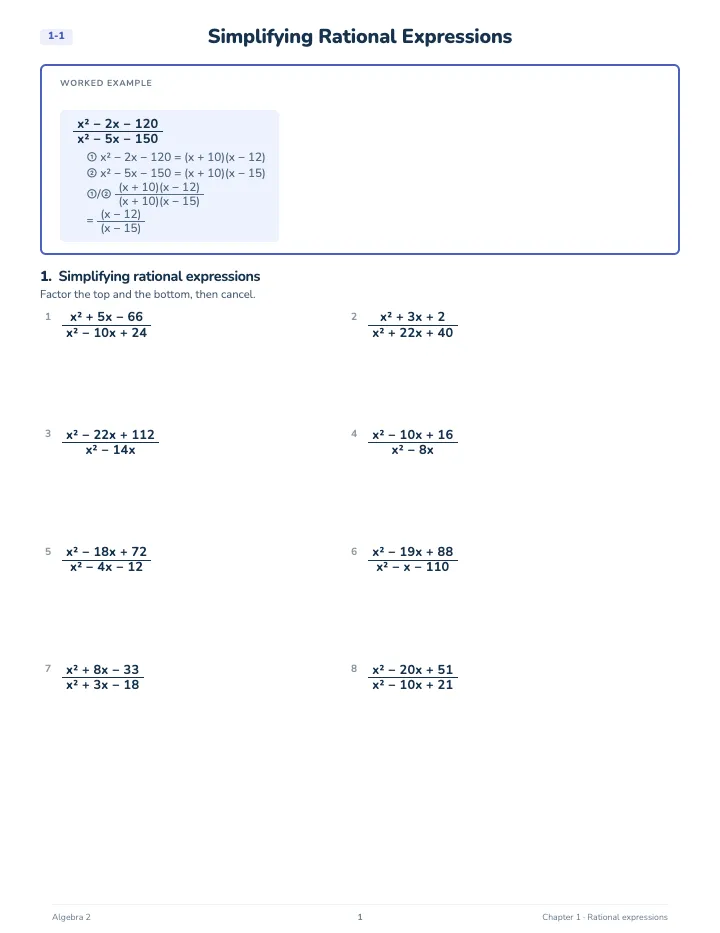 Algebra 2 Rational Expressions Workbook — A lesson page: the worked example, then the exercise