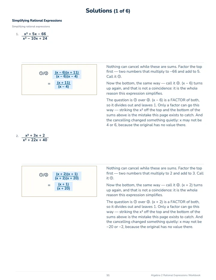 Algebra 2 Rational Expressions Workbook — The back of the book: a worked solution for each kind of question