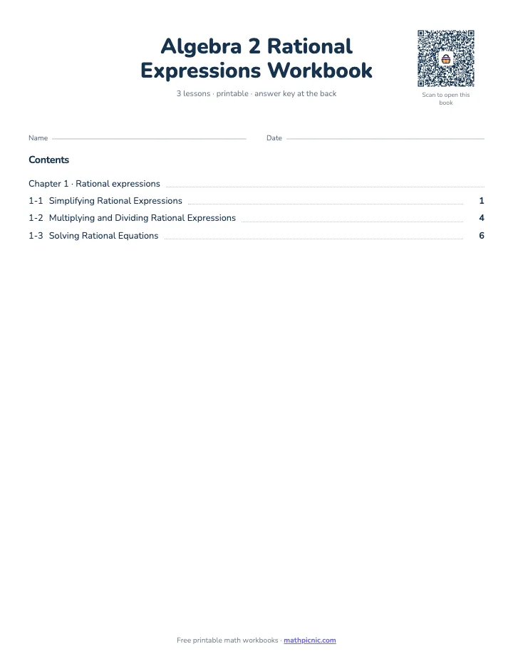 Algebra 2 Rational Expressions Workbook — printable workbook cover