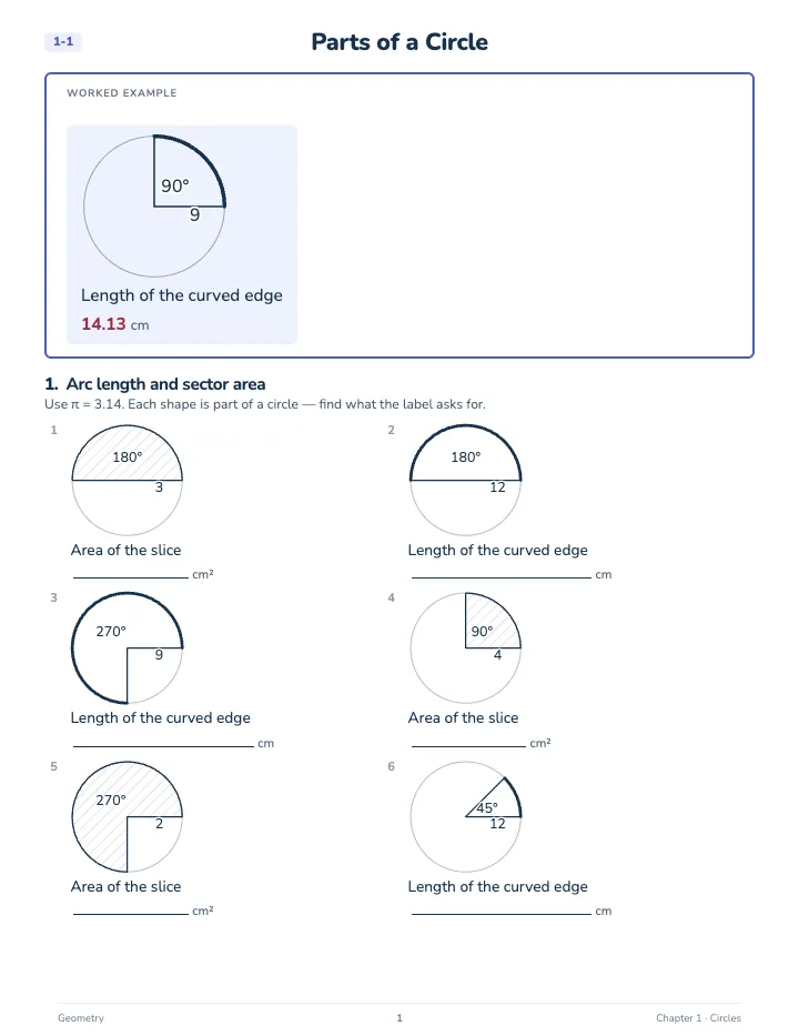 Geometry Circles Workbook — A lesson page: the worked example, then the exercise