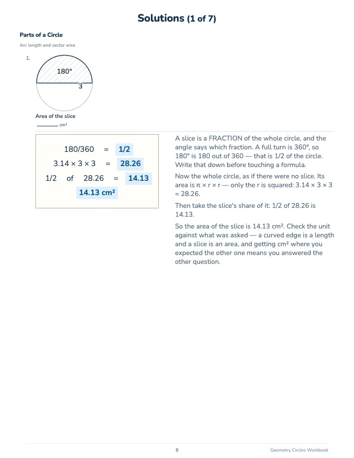 Geometry Circles Workbook — The back of the book: a worked solution for each kind of question
