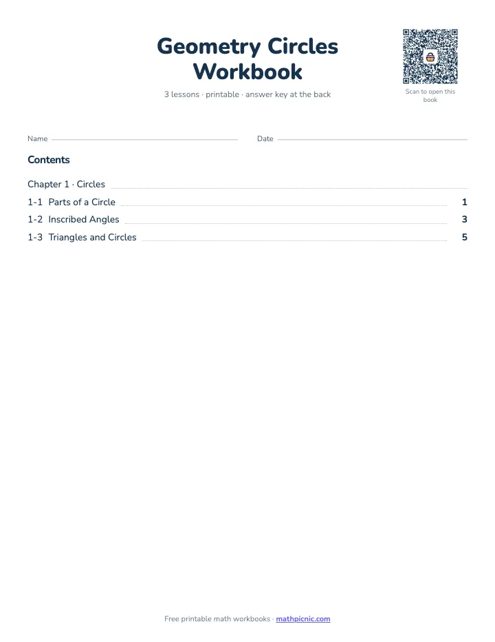 Geometry Circles Workbook — printable workbook cover