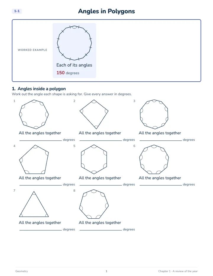 Geometry Math Review Workbook — A lesson page: the worked example, then the exercise