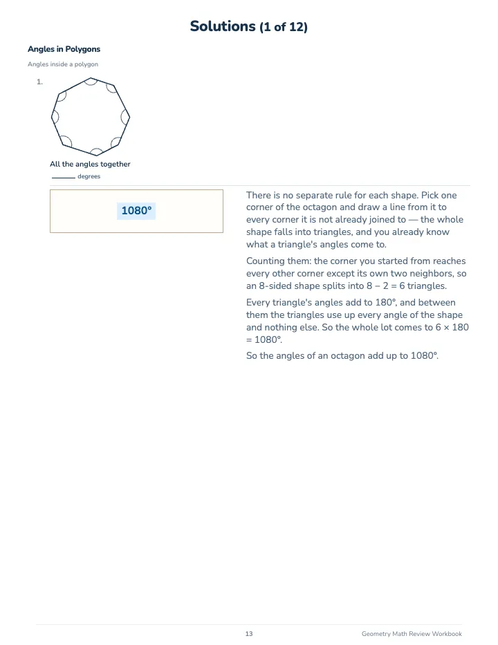 Geometry Math Review Workbook — The back of the book: a worked solution for each kind of question