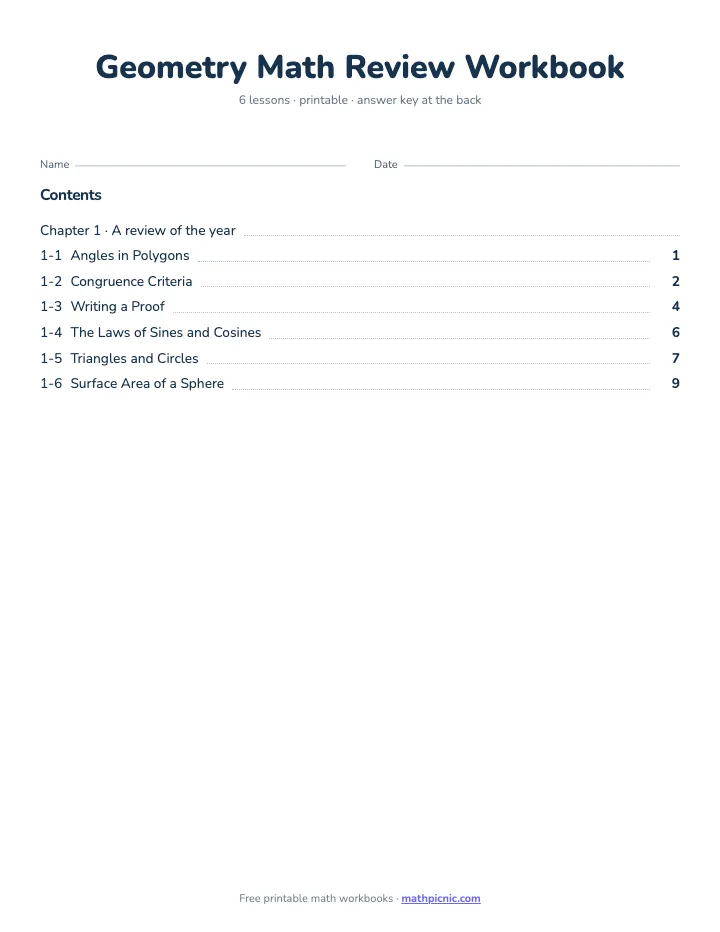 Geometry Math Review Workbook — printable workbook cover
