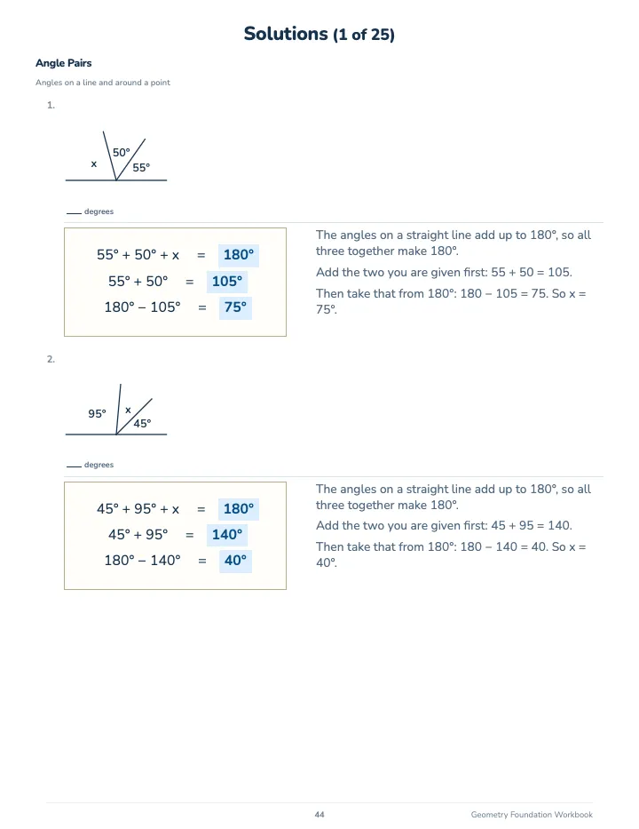 Geometry Math Workbook: Foundation — The back of the book: a worked solution for each kind of question