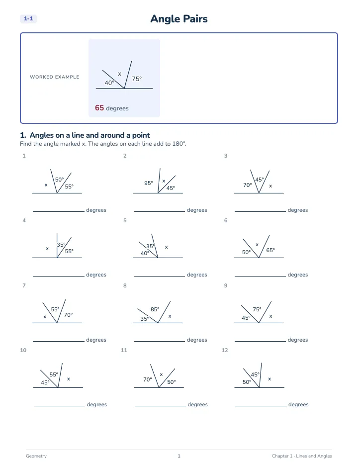 Geometry Math Workbook — A lesson page: the worked example, then the exercise