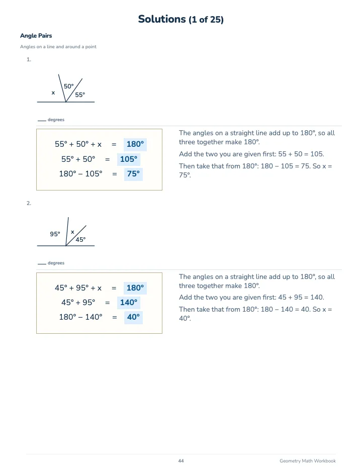 Geometry Math Workbook — The back of the book: a worked solution for each kind of question