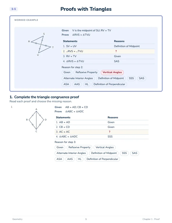 Geometry Proof Workbook — A lesson page: the worked example, then the exercise