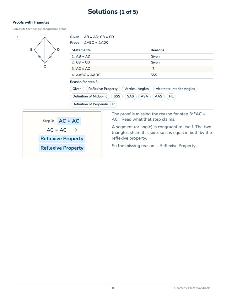 Geometry Proof Workbook — The back of the book: a worked solution for each kind of question