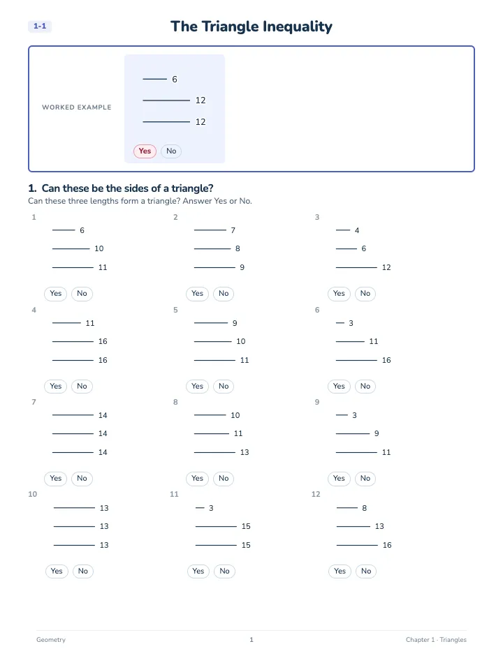 Geometry Triangles Workbook — A lesson page: the worked example, then the exercise